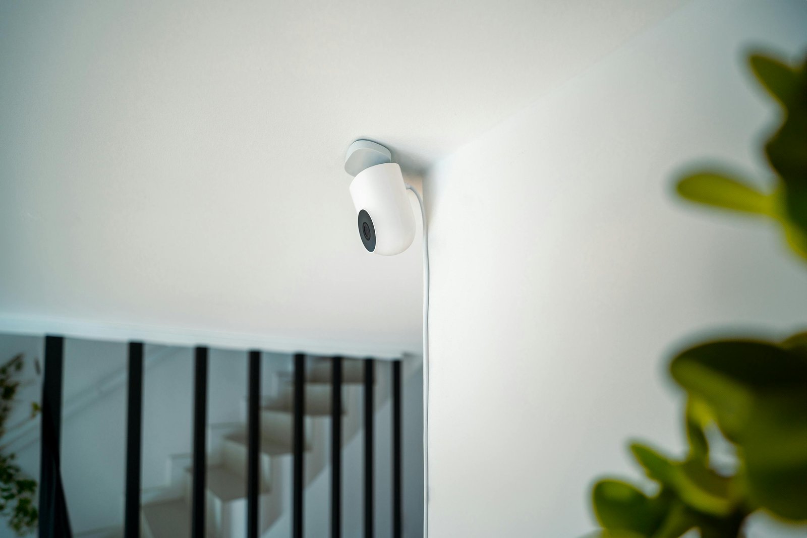 Installed indoor security camera on a home ceiling